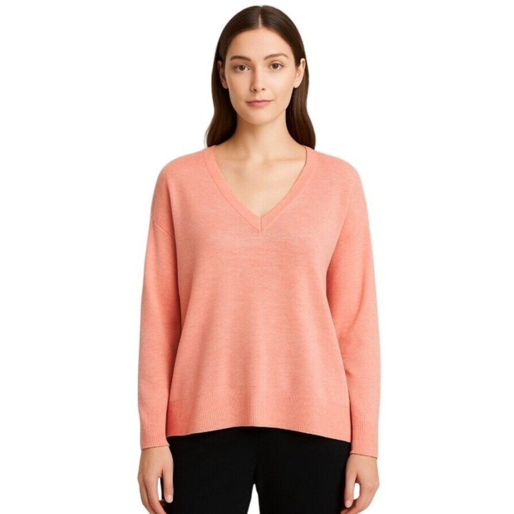 Eileen‎ Fisher Melange Linen Knit Grain Papaya V Neck Box Sweater Top